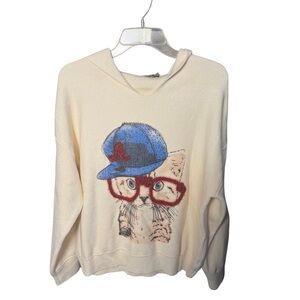 Cliche Cream Cat Embroidered‎ Wool Sweater Size XL Hooded Slouchy Novelty